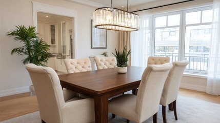 A stylish dining room featuring a wooden table, plush chairs, and large windows. The space is bright and inviting, perfect for gatherings.