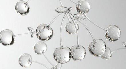 A close-up of crystal cherries, glistening in the light, with delicate stems and leaves. The background is a soft, blurred gradient