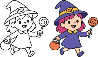 Cute cartoon witch girl dressed in purple hat and dress holding a lollipop and pumpkin bucket. Perfect for Halloween coloring, decorations, and festive kids’ activities with a fun spooky vibe.