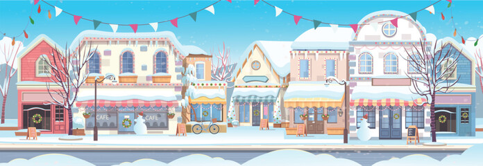 Obraz premium Christmas Winter City. Panorama city in winter. Panorama street with houses, shops, cafes and trees. Cozy street in flat cartoon style. The street is decorated for Christmas.