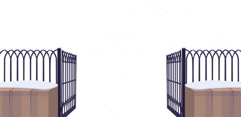 open gate in snow. Winter gate. Entrance to the park in winter