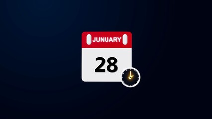 28 January Daily Calendar Icon. A simple modern flat design illustration of a tear off calendar page showing,  clock 4k illustration round clock showing time Realistic calendar and clock .