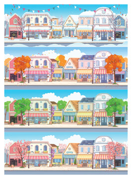 Panorama of the city in different seasons. Spring, summer, autumn, winter. Panorama street with houses, shops, cafes and  trees. Cozy street in flat cartoon style.