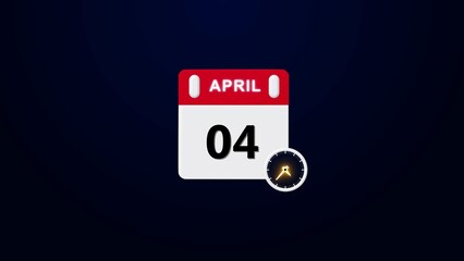 April 4 Calendar Reminder Icon, A simple modern flat design illustration of a tear off calendar page showing,  clock 4k illustration.