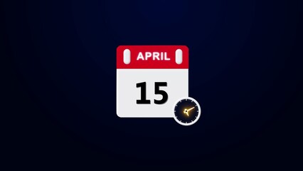 April 15 Calendar Reminder Icon, A simple modern flat design illustration of a tear off calendar page showing,  clock 4k illustration.