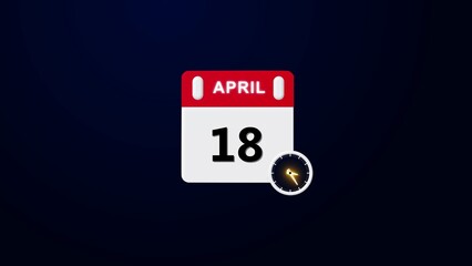 April 18 Calendar Reminder Icon, A simple modern flat design illustration of a tear off calendar page showing,  clock 4k illustration.