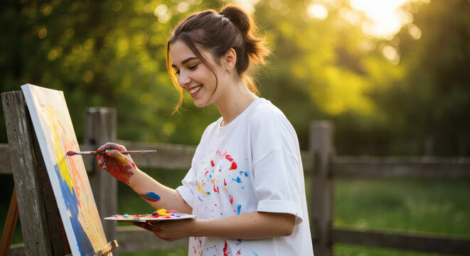 Young Woman Enjoying Painting Outdoors in the Sunset Creative Hobby and Leisure