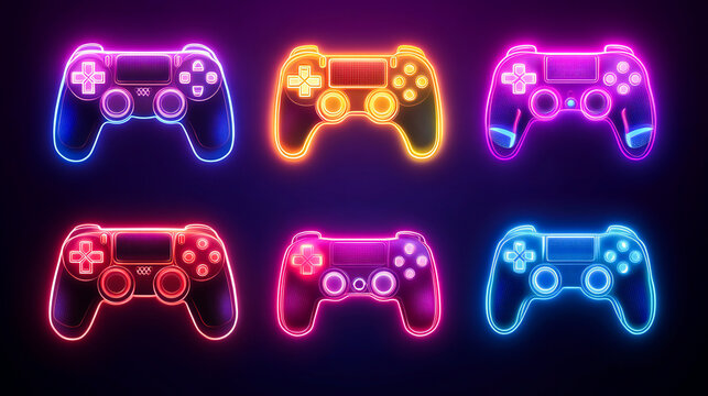 Neon video game icon control game vector illustration. light banner