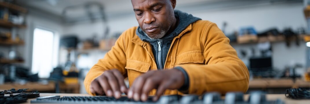 A man in a workshop carefully repairing equipment, showcasing concentration and craftsmanship in a creative environment. - Powered by Adobe