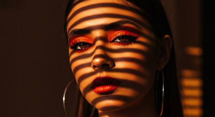 A woman's face with orange makeup and shadows cast by blinds creating stripes across it