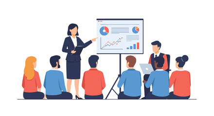 A confident female presenter leads a business meeting, explaining financial charts on a whiteboard to a diverse group of attentive colleagues.