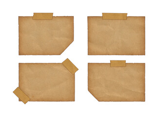 set of vintage brown paper notes with adhesive tape isolated on transparent background, retro blank...