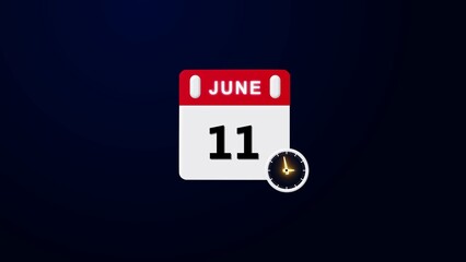 Illustration of paper calendar with date 11 June, clock 4k illustration.