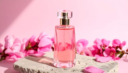 Pink Perfume Bottle on Natural Stone