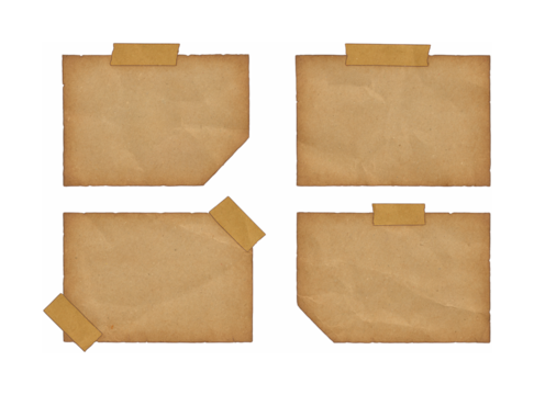 set of vintage brown paper notes with adhesive tape isolated on transparent background, retro blank memo sheets collection for scrapbooking, journaling, design and creative projects