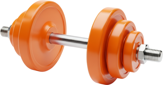 A bright orange dumbbell with stacked weight plates on a silver bar isolated on black Fitness Exercise transparent background - Powered by Adobe