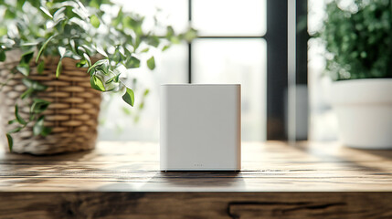 Fototapeta premium New white Wi-Fi router on wooden table indoors