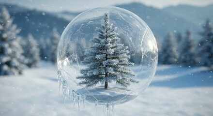 A lone evergreen tree encapsulated within a cracked, icy sphere. The frosty globe rests in a snowy landscape, with blurred forested hills