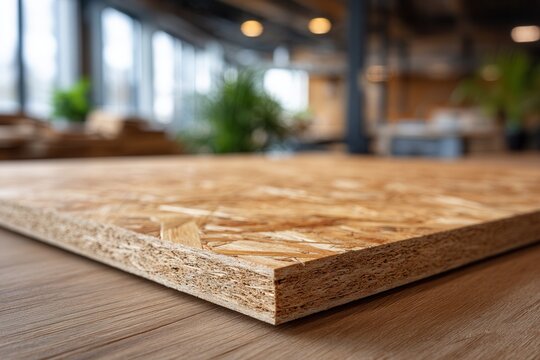 A detailed view of an oriented strand board in a contemporary workshop setting, showcasing craftsmanship and materials used in construction.