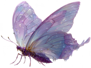 Delicate iridescent butterfly with dewdrops isolated on transparent background