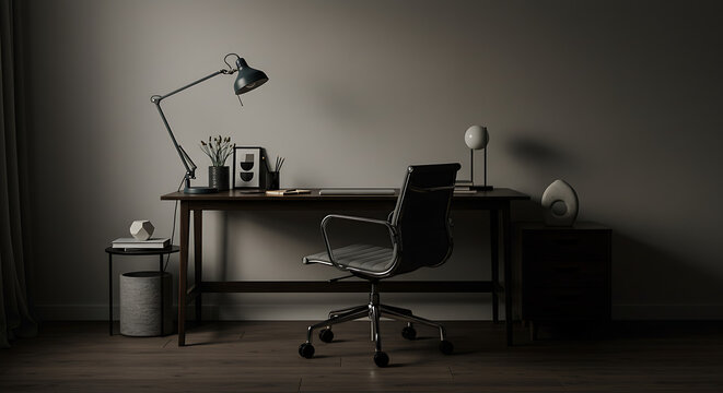 A dimly lit, modern home office setup with a desk, ergonomic chair, and classic task lamp, creating a focused and quiet workspace.
