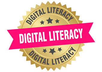 digital literacy. digital literacy round pink and gold label isolated on transparent background