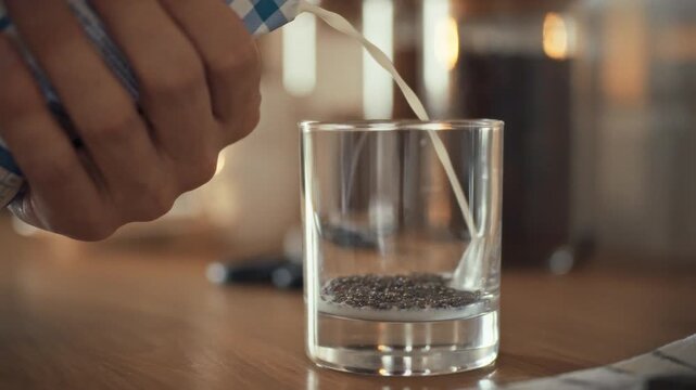 A person pours milk from a carton into a glass containing chia seeds on a wooden countertop. The setting appears to be a modern kitchen, possibly preparing a healthy drink or snack
