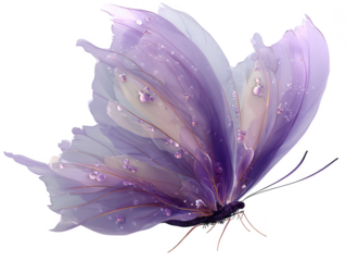Delicate purple butterfly with dewdrops and glitter isolated on transparent background