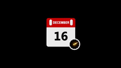 16 December Calendar Icon. Event schedule date. Meeting appointment time. Agenda plan, Realistic calendar and clock composition 4k illustration.