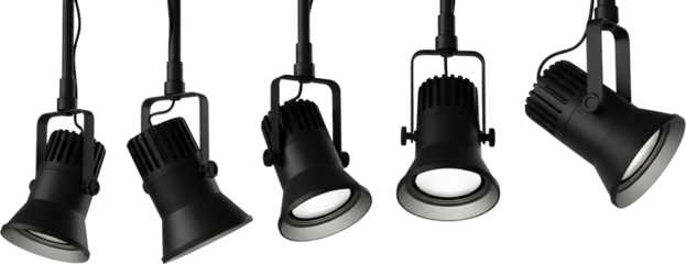 Five black adjustable spotlight fixtures suspended on individual hanging rods illuminating lighting modern transparent background