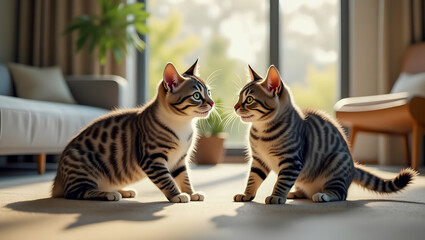 Two Domestic Cats Interacting in Modern Living Room