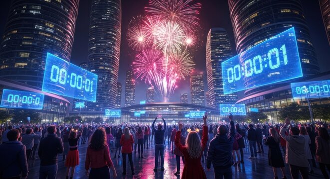 Massive crowd watches fireworks display at night. Digital countdown timer screens surround them