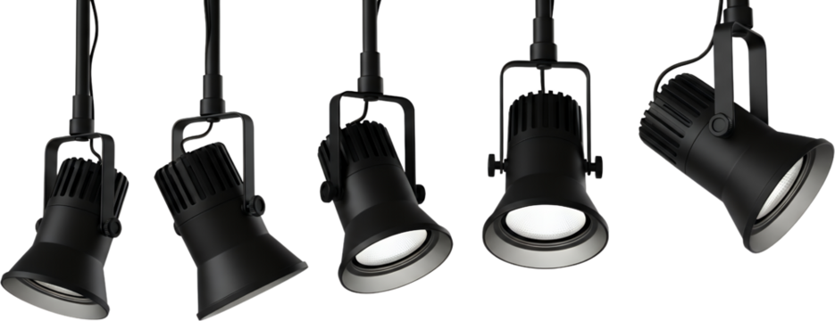Five black adjustable spotlight fixtures suspended on individual hanging rods illuminating lighting modern transparent background