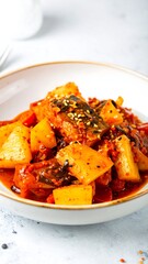 Spicy potato and fish stew in a bowl