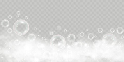 Air bubbles on a transparent background. Soap foam vector illustration.	
