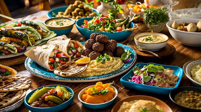 Colorful Mediterranean food spread with falafel, hummus, salads, flatbreads, and vegetables served on wooden table