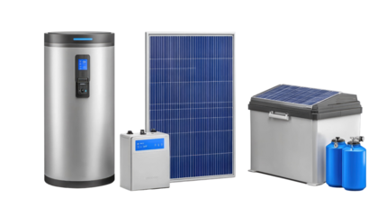 Modern Energy Solutions Featuring Solar Panel, Water Heater, Battery Storage, and Cool Storage Unit Options