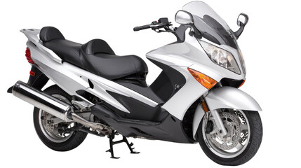 Sleek Silver Motorcycle on Isolated White Background Perfect for Transport and Adventure Themes