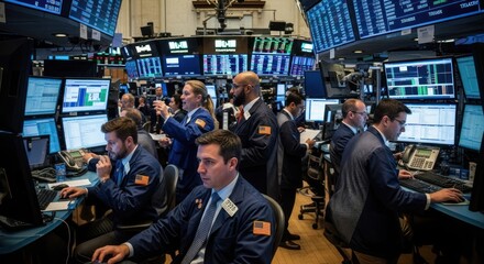 Stock market traders at work.  Many screens,  people in business attire