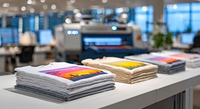 Printed t-shirts stacked on a table in a print shop
