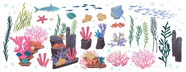 Large set of coral reef with algae tropical fish and corals. Vector illustration in cartoon style. © NADEZHDA