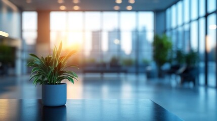 A houseplant on a table in a modern office with panoramic windows — suitable for articles about interior design and office atmosphere.