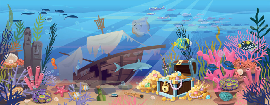 Seabed with a broken sunken ship and a chest of gold. Large set of coral reef with algae tropical fish and corals. Vector illustration in cartoon style.