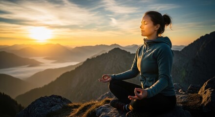 Woman meditating atop mountain peak at sunrise.  Vast landscape of misty mountains stretches out