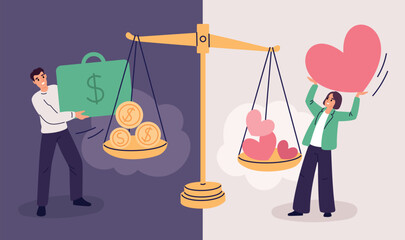 Scales with people. Money or love choice, weight measurement process, mechanical scales with hanging bowls, judging, relationship and career, cartoon flat isolated garish vector concept