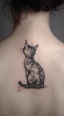 A detailed black and grey tattoo of a sitting cat on a person's back, looking upwards.