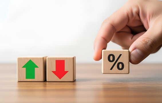 Hand placing wooden block with percentage symbol next to up and down arrows