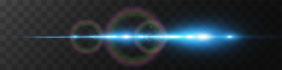 Obraz premium Blue horizontal glow effects resembling stars or suns with radiant highlights. Features light energy explosions and flares. Vector artwork ideal for digital, abstract, or futuristic designs. 