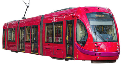 Bright Red Modern Tram in Urban Setting, Showcasing Public Transportation and City Life
