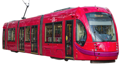 Bright Red Modern Tram in Urban Setting, Showcasing Public Transportation and City Life
